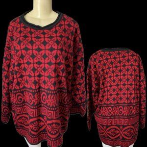 Venezia Vitale +18/20 Red-Black Vintage Print Crew Neckline Long Sleeve Sweater